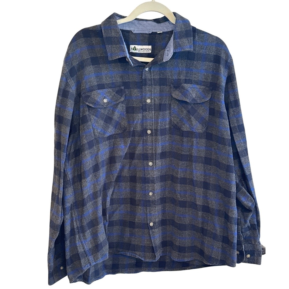 Tallwoods Mens XL Flannel Shirt Blue Charcoal Grey Plaid Button Down Long Sleeve